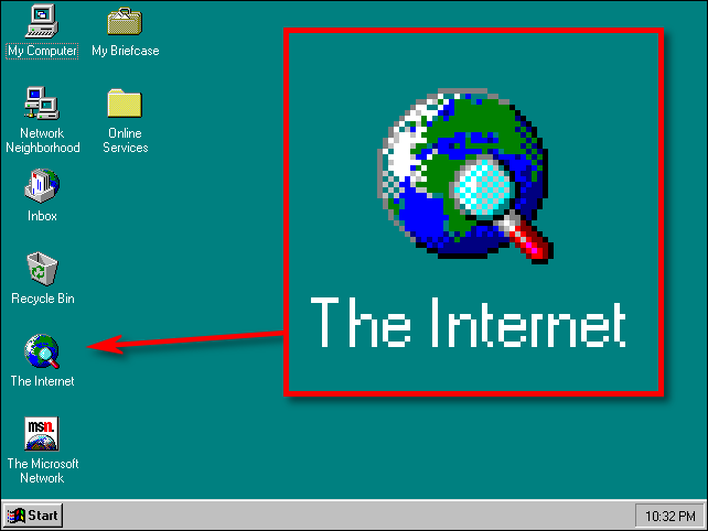 Ícone do navegador da Web "A Internet" em uma área de trabalho do Windows 95.