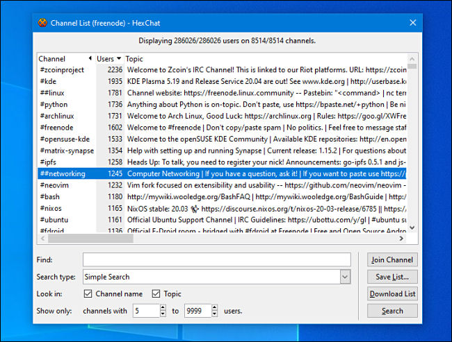 Uma lista de canais IRC no servidor freenode no HexChat para Windows.