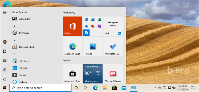 Os novos blocos do menu light start na atualização 20H2 do Windows 10.