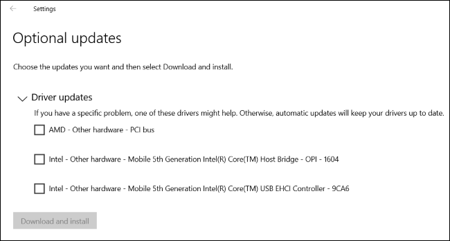 Nova página de atualizações opcionais do Windows 10 que lista as atualizações de driver.