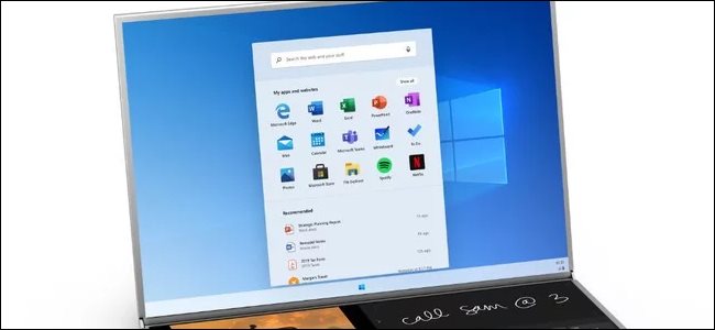 O novo menu Iniciar no Windows 10X em um dispositivo dobrável.