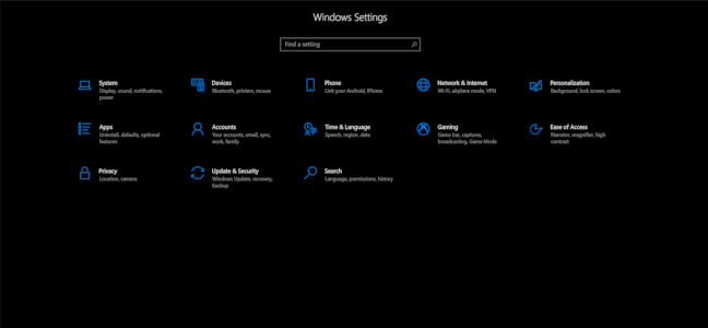 O menu Configurações do Windows 10 escureceu.