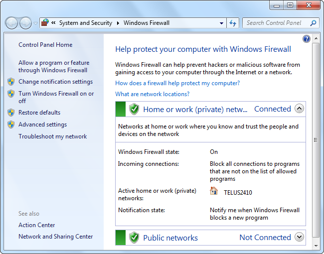 painel de controle do firewall do windows