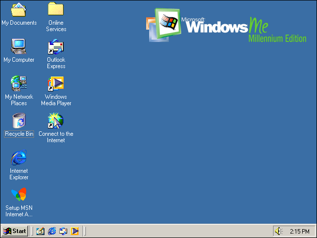 A área de trabalho padrão do Windows Millennium Edition.