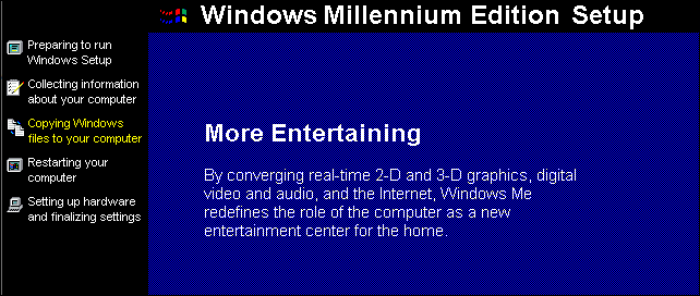 O processo de configuração do Windows Millennium Edition.