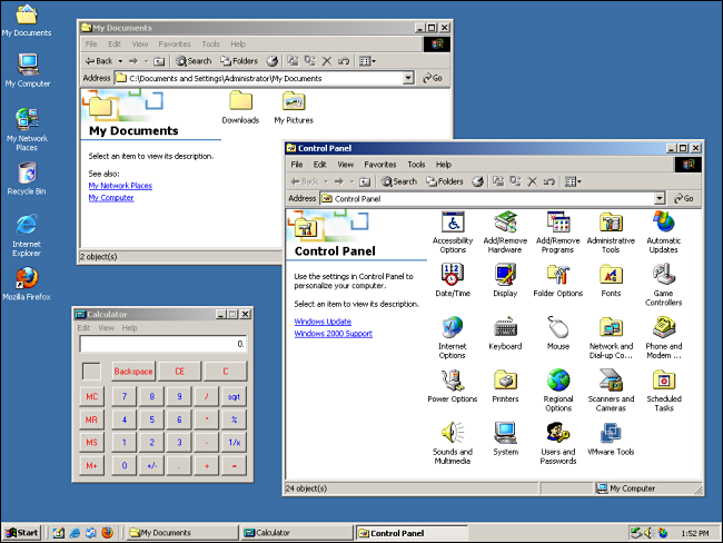 "Meus documentos", "Painel de controle" e "Calculadora" abertos na área de trabalho do Windows 2000.