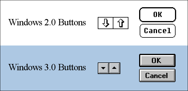 Comparação de botões do Windows 2.0 e Windows 3.0