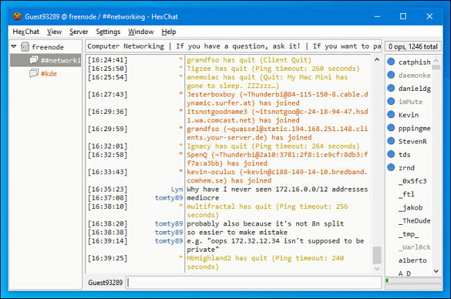 Um canal de chat IRC no HexChat para Windows.