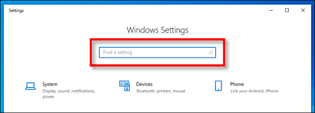 Localize a barra de pesquisa Configurações do Windows no Windows 10.