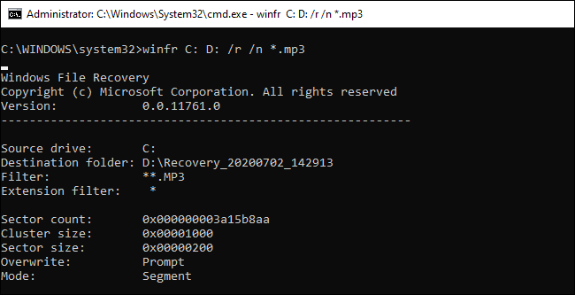 Executando winfr no modo de segmento no prompt de comando.