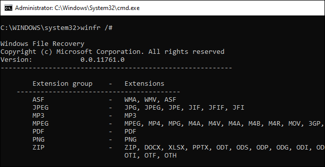 Informações sobre os grupos de extensão de arquivo do winfr mostrados no prompt de comando.