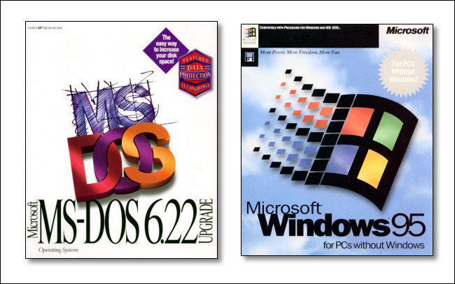 A arte da caixa no Microsoft MS-DOS 6.22 e no Windows 95.