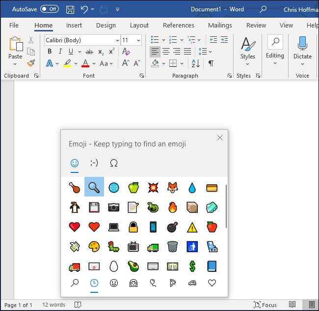 Seletor de emoji do Windows 10 no Microsoft Word 365.