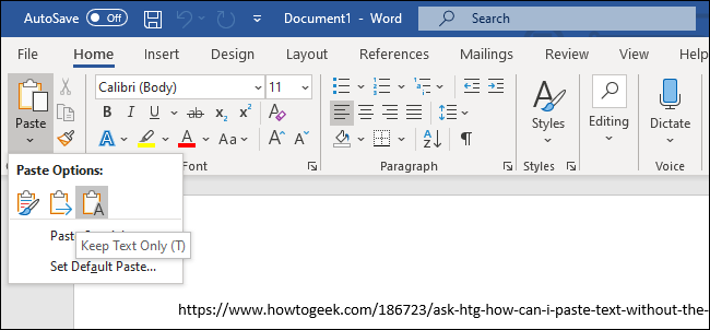 A opção "Manter somente texto" para colar texto no Microsoft Word.