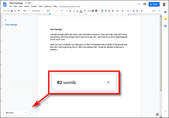 Você verá uma contagem de palavras ativas no canto inferior esquerdo do Google Docs