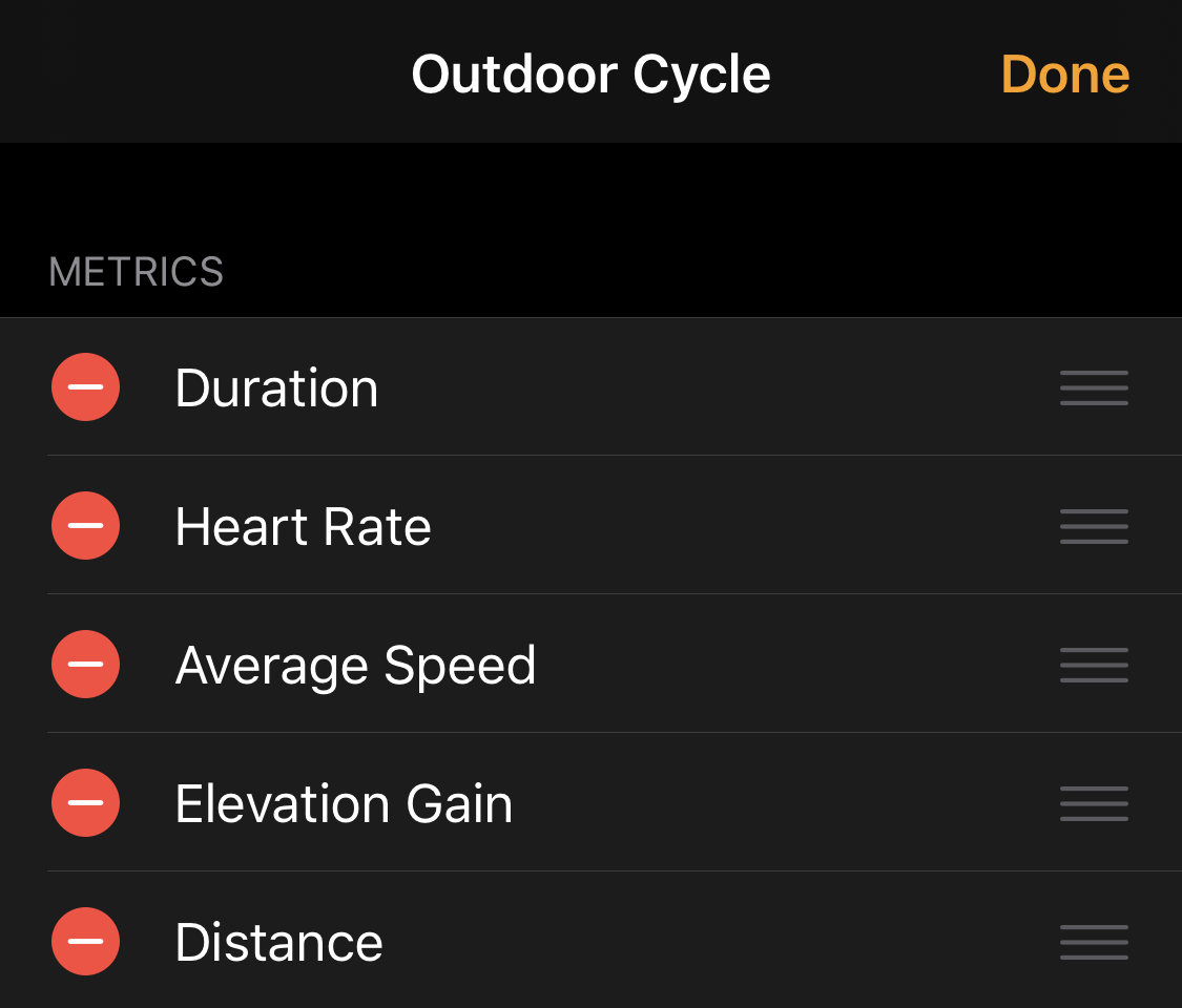 Uma exibição de treino "Ciclo ao ar livre" no Apple Watch. 