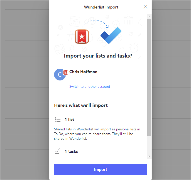 O prompt de confirmação do Wunderlist Import no Microsoft To Do