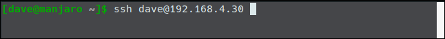 O comando "ssh dave@192.168.4.30" em uma janela de terminal.