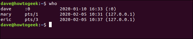 O comando "quem" em uma janela de terminal.