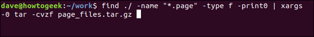 find ./ - name "* .page" -tipo f -print0 |  xargs -0 -tar -cvzf page_files.tar.gz em uma janela de terminal