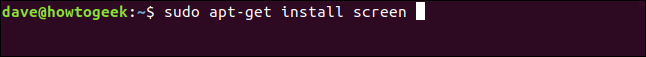 O comando "sudo apt-get install screen" em uma janela de terminal.