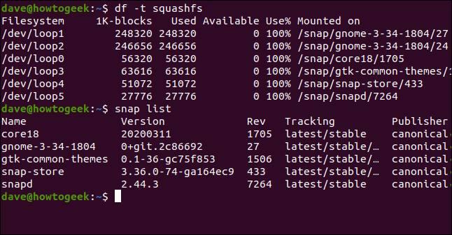 df -t squashfs em uma janela de terminal.