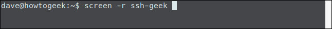O comando "screen -r ssh-geek" em uma janela de terminal.