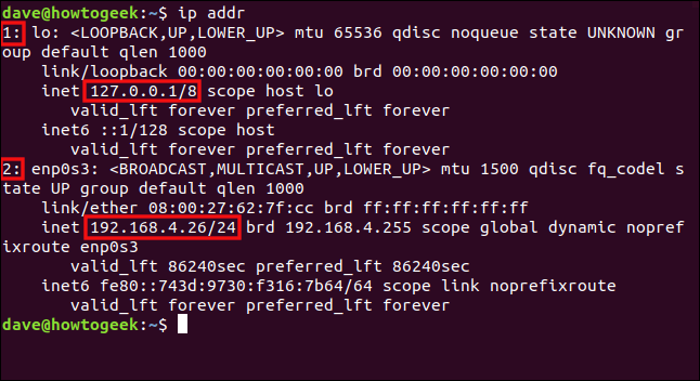 O comando "ip addr" em uma janela de terminal.