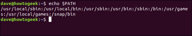 O comando "echo $ PATH" em uma janela de terminal.