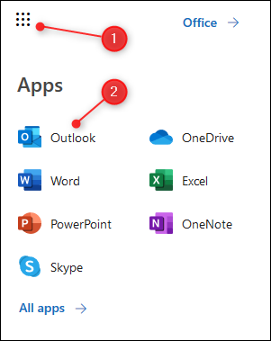 O inicializador de aplicativos O365 com Outlook em destaque.