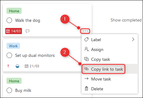 A opção de menu "Copiar link para tarefa".