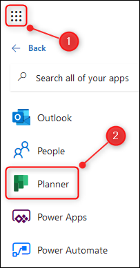 O inicializador de aplicativos O365 com o aplicativo Planner em destaque.