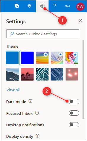 O painel Configurações do Outlook com o botão de alternância "Modo escuro" realçado.