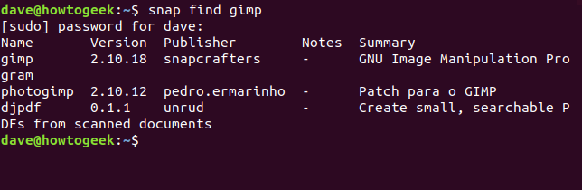 O "snap find gimp" em uma janela de terminal.