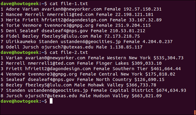 O conteúdo de "cat file-1.txt" e "cat file-2.txt" em uma janela de terminal.