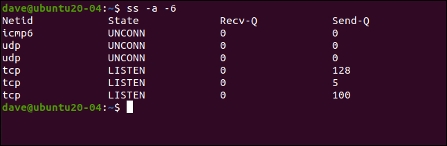 ss -a -6 em uma janela de terminal.