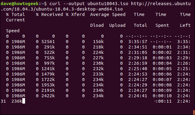 Progresso de um grande download em um terminal widnow