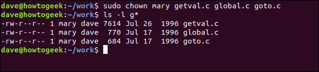 ls -l getval.c global.c goto.c em uma janela de terminal