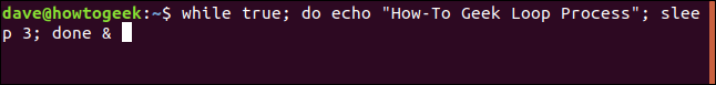 enquanto verdadeiro;  echo "How-To Geek Loop Process";  dormir 3;  feito e em uma janela de terminal