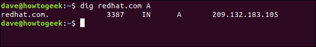 O comando "dig redhat.com A" em uma janela de terminal.