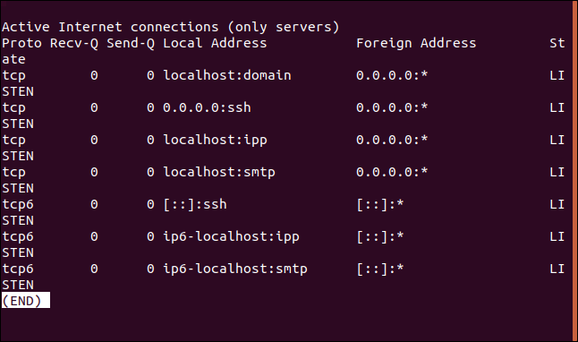 saída de netstat -lt |  menos em uma janela de terminal