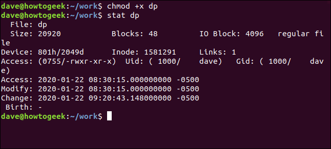 Os comandos "chmod + x dp" e "stat dp" em uma janela de terminal. 