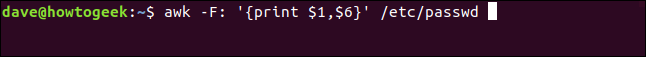 O comando "awk -F: '{print $ 1, $ 6}' / etc / passwd" em uma janela de terminal.