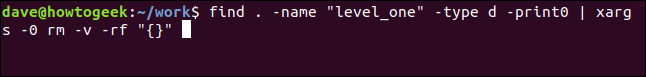 encontrar .  -name "level_one" -tipo d printo |  xargs -o rm -v -rf "{}" em uma janela de terminal