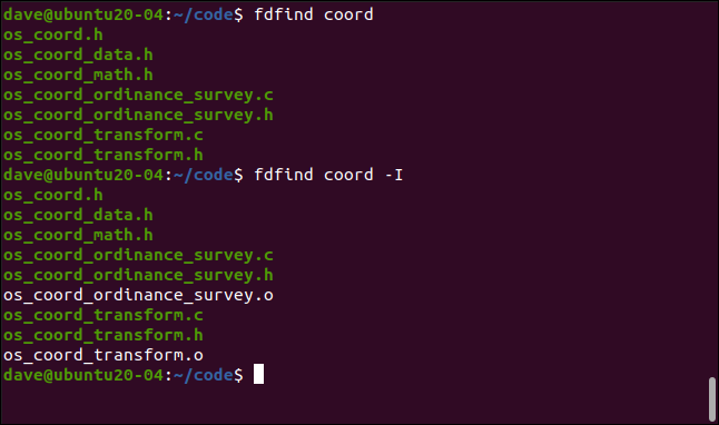 fdfind coord em uma janela de terminal.