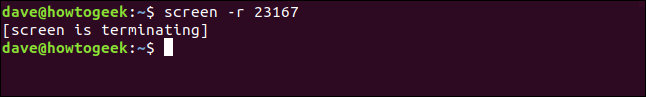A mensagem de encerramento do comando "screen" em uma janela de terminal.