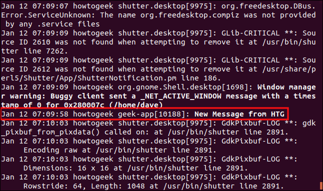 saída de sudo journalctl -f em uma janela de terminal com novas entradas