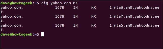 O comando "dig yahoo.com MX" em uma janela de terminal.