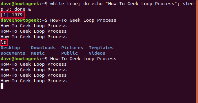 saída do processo de loop de fundo intercalada com a saída de outros comandos