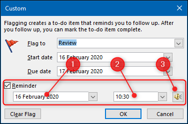 Marque a caixa de seleção ao lado da opção "Lembrete" e escolha uma data, hora e som de alerta.